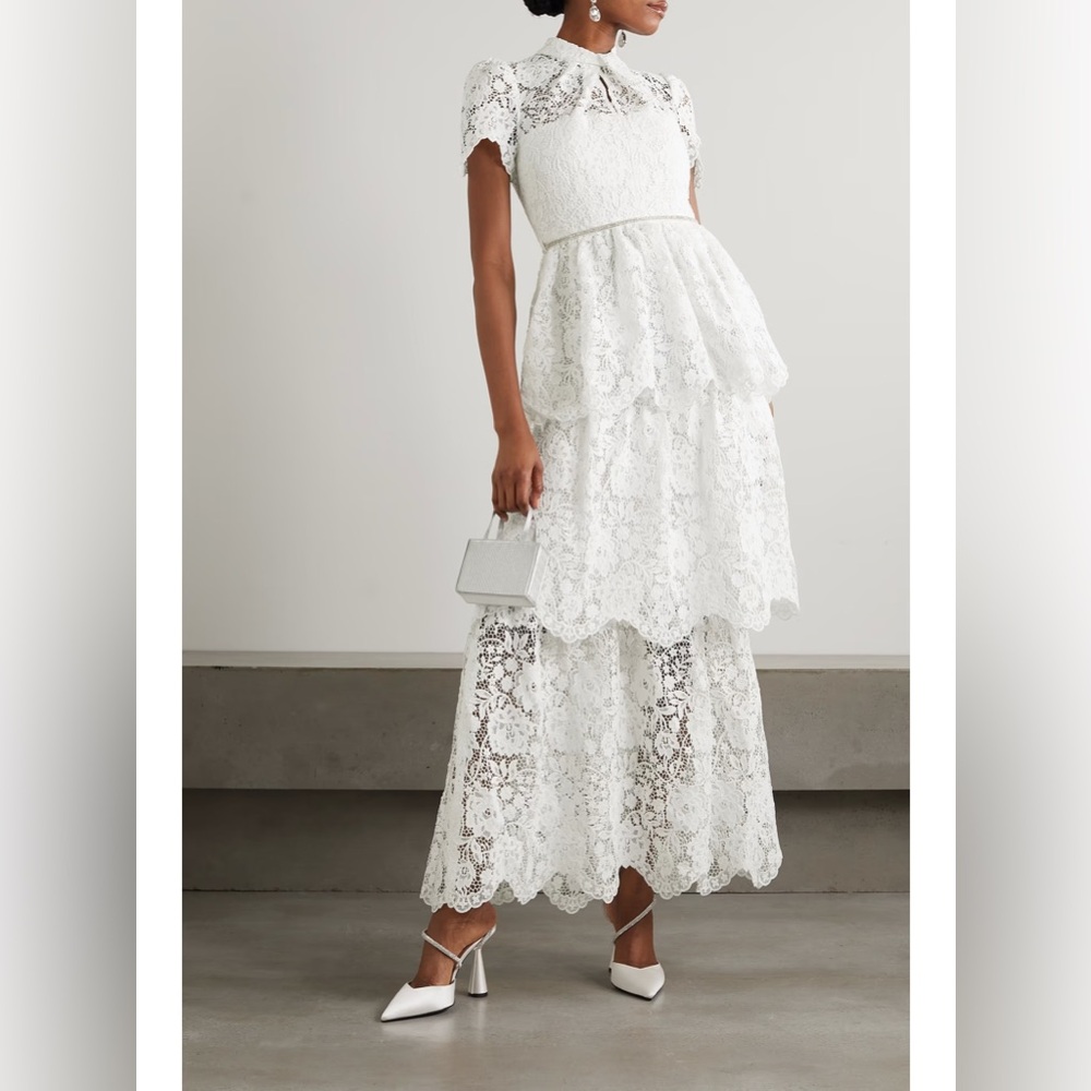 NWT Self Portrait white Guipure lace Tiered Midi Dress size 2